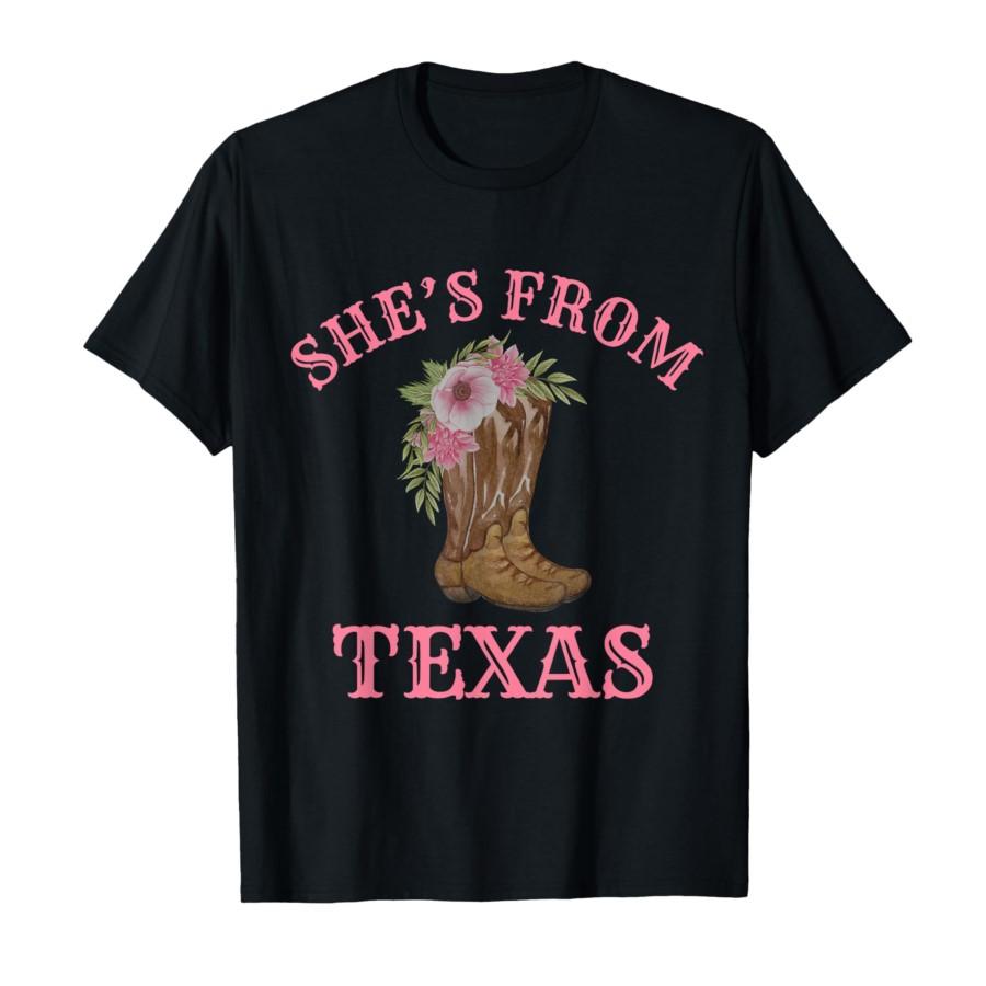 She s from Texas, Cowgirl Boots with Flowers T-shirt For Men Women 100% Cotton T Shirts Short Sleeve Tops 0225-1 - Men s Summ... S разноцветный