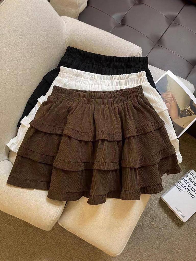 Autumn/Winter 2025 Korean Style Corduroy Skirt: High Waist, Sweet Ruffles, Pleated Double Layer, Fluffy Short Skirt.