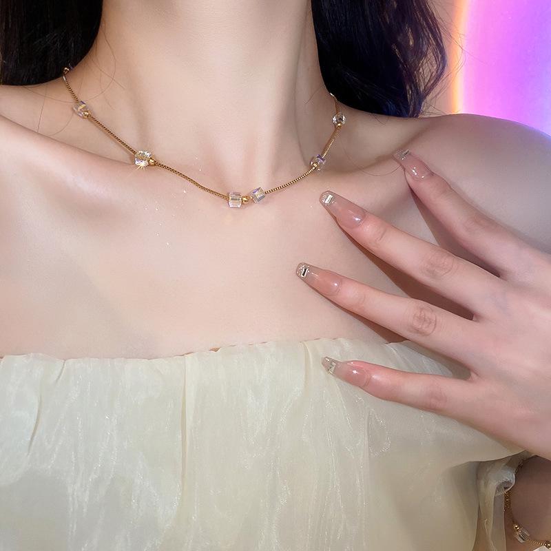 High-End Crystal Cube Clavicle Necklace – Trendy Titanium Steel Fashion for Women