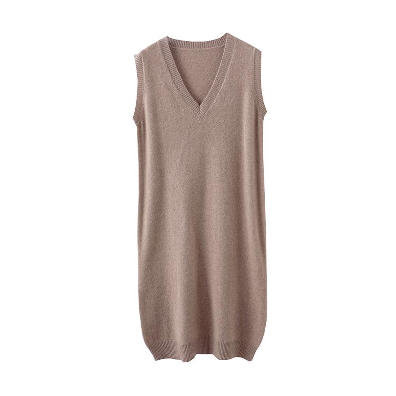 Women's 100% Wool V-Neck Sleeveless Knitted Vest Dress - Long Cardigan Style