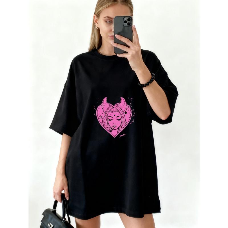 Oversized T Shirt Black Pink Devil Heart Graphic Print Women Casual Streetwear Fashion Top