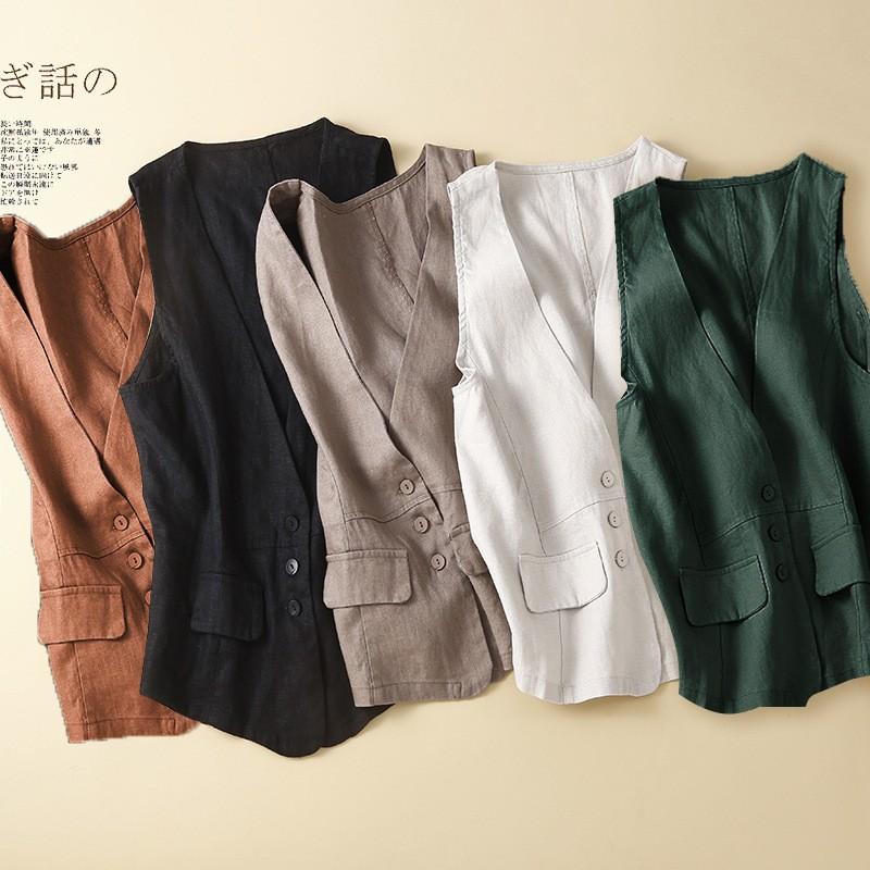 Vintage Vest Summer Deep V-Neck Solid Casual Sleeveless Tank Tops Cotton Linen Thin Outerwear Vest Coat