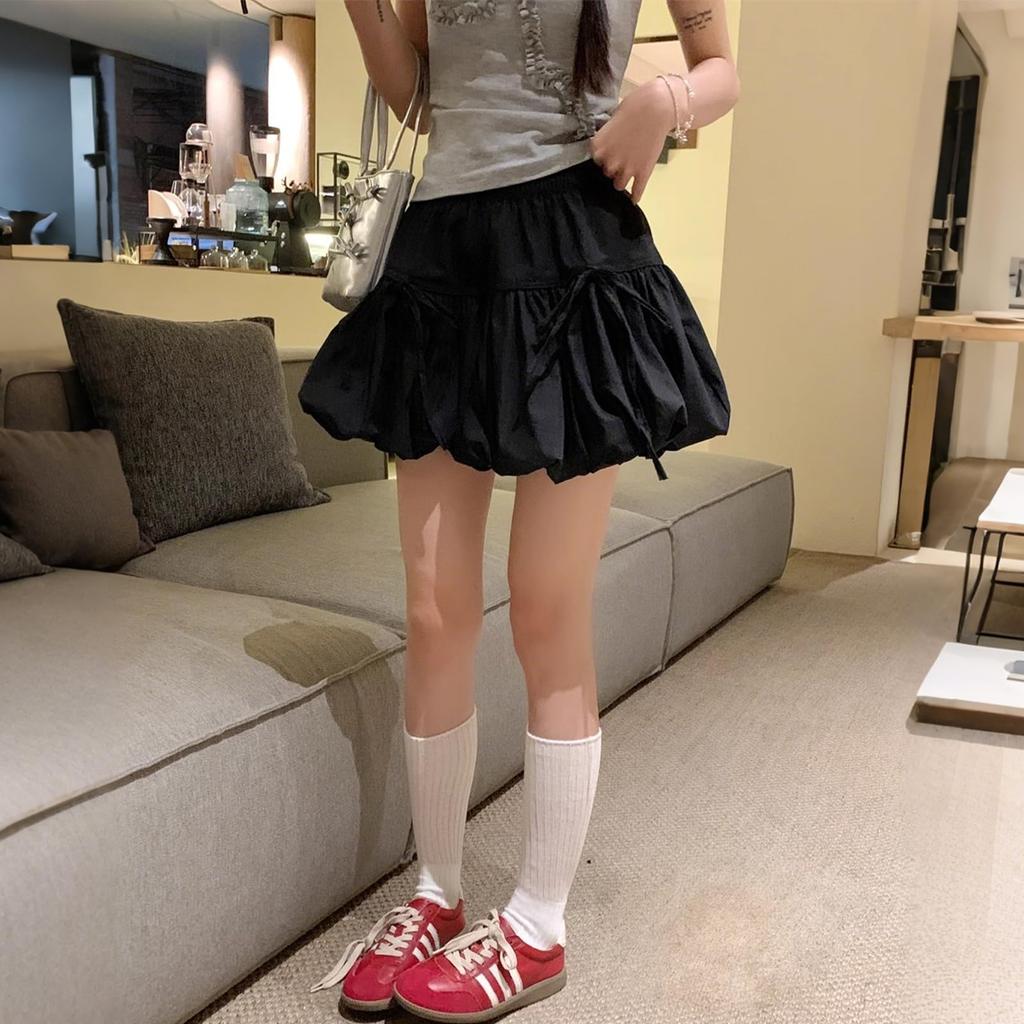 EnjoIt Lined Short Ruffled Elastic Solid Loose and Perfect for Commuting or F0025 Women's Skirt, Double-Layer, Length, Waist, Stretchy, Color,