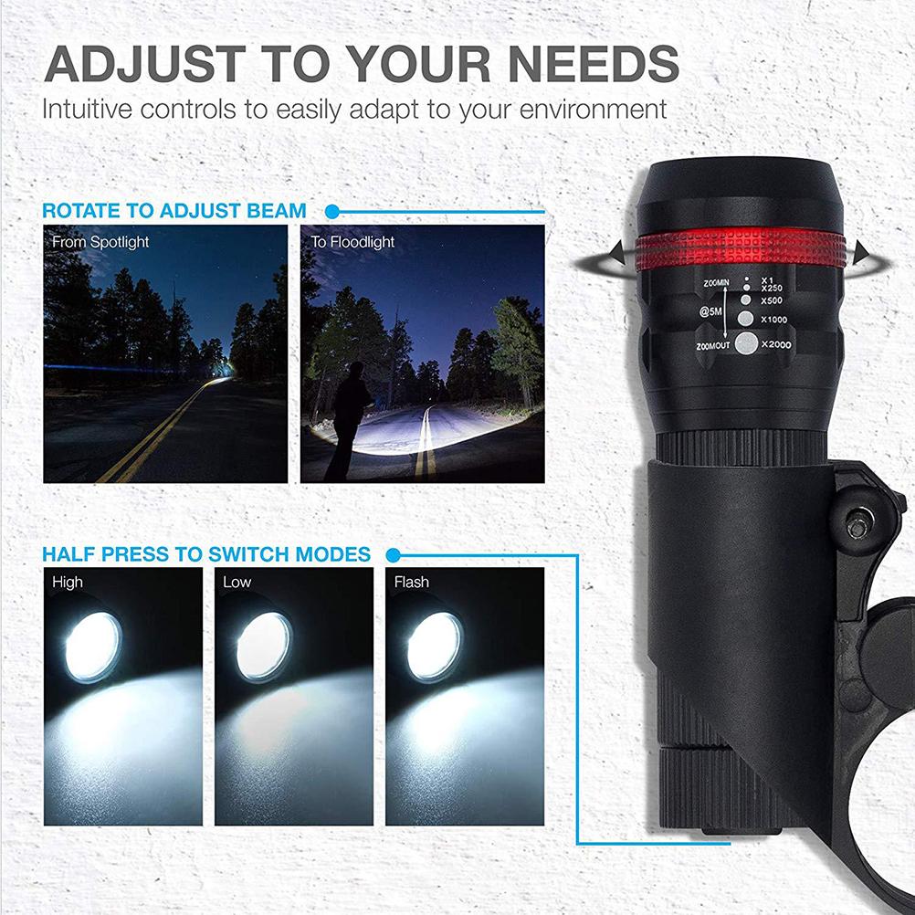Bike Flashlight Tail Light Set Zoomable Flashlight Battery Powered Cycling Light Set