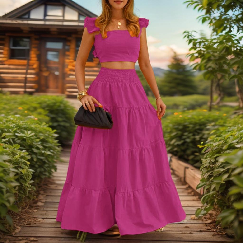 Women's 2 Piece Outfit Set Sexy Solid Color Ruffle Sleeve Crop Top High Waist Tiered Flowy Maxi Skirt Elegant Vacation Beach Wear Suit
