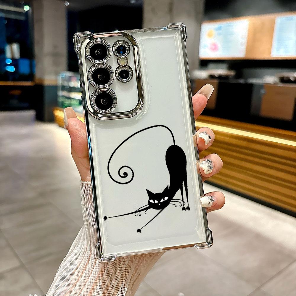 Cartoon Cute Little Black Cat Coque For Galaxy S26 Ultra Phone Case For Samsung S26 S25 S24 S23 S21 Ultra S20 FE S25 Plus Cover
