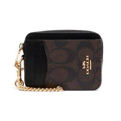 Color Block Zipper Card Case With Metal Logo Canvas And Leather Women Card Case Black Brown C0058-IMAA8