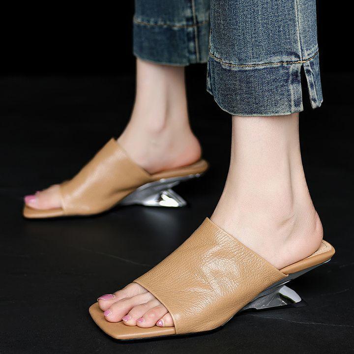 Extravagant Girl Niche Fashion One-word Slippers for Women To Wear Summer New Models, Absolutely Absolute Child, Foreign Style, Medium Heel Temperamen