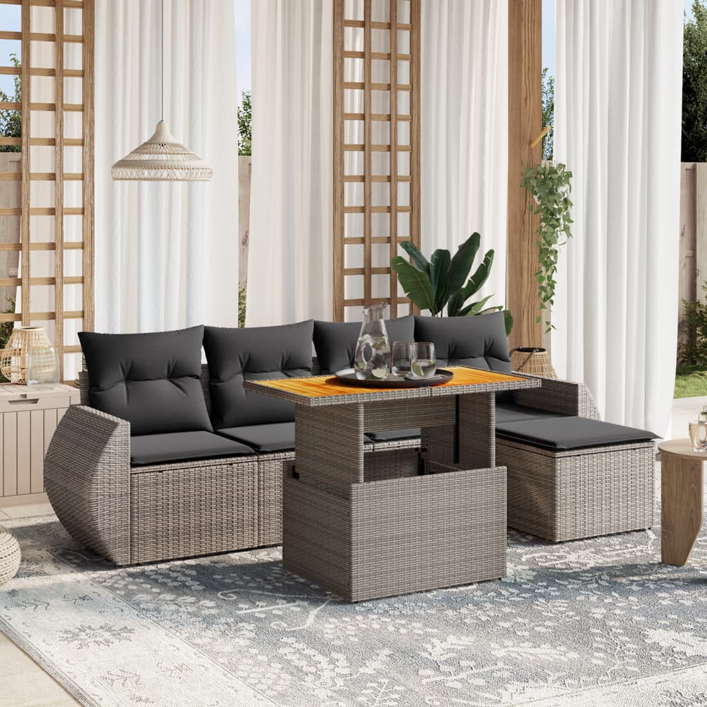 Vidaxl 6-Cz. Garden Furniture Set With Cushions, Grey, Poly Rattan
