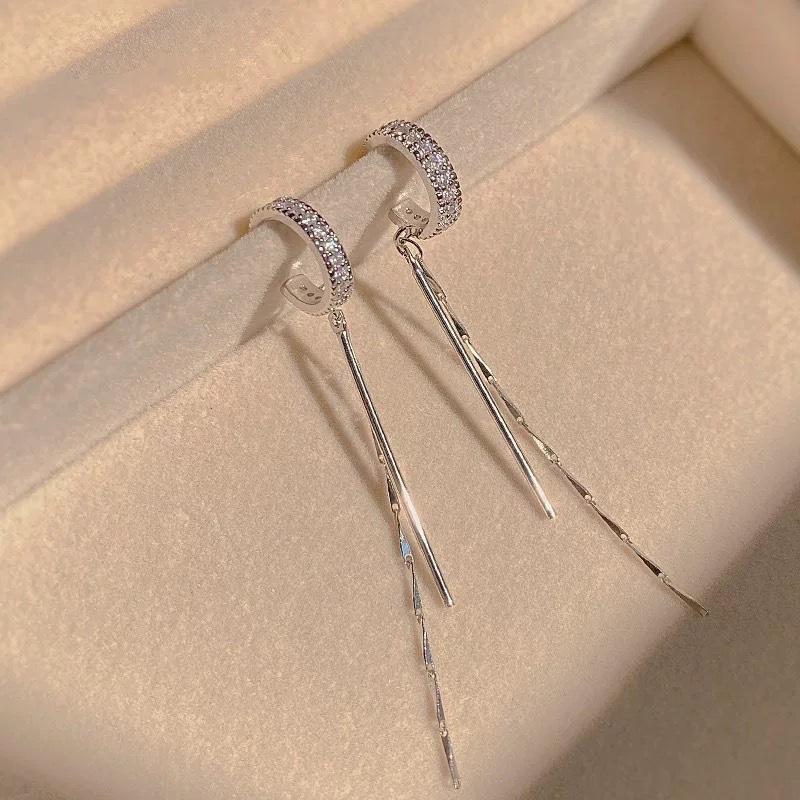 Silver Color Crystal Tassel Non-Piercing Cuff Ear Clip Earring for Women Shiny Zircon Chain Fake Cartilage Piercing Jewelry