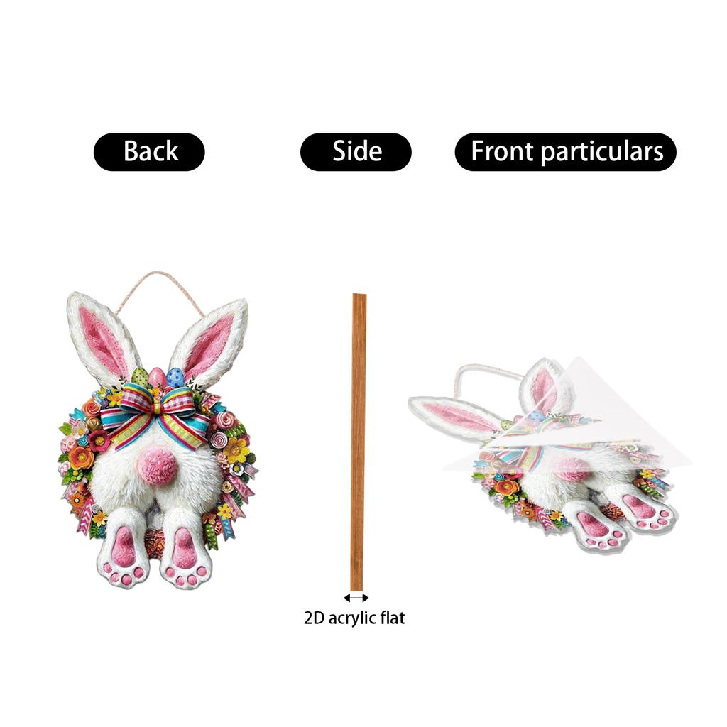 Easter Bunny Wooden Sign Hanging Decoration 2D Spring Rabbit Wood Ornament with Floral Wreath and Bow for Seasonal Home Wall Decor