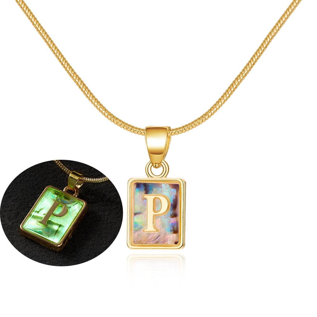 Colored Shell Luminous 26 Letter Square Brand Pendant Snake Bone Chain Necklace Couple Letter Necklace
