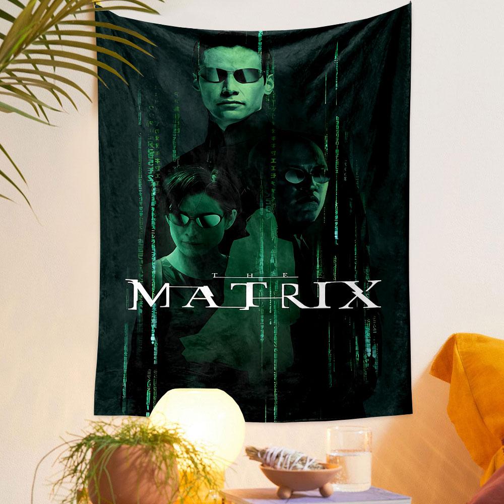 A Green Digital Code Backdrop with Three Individuals In Futuristic Attire. Patterned Tapestry for Bedroom and Living Room Home Decor