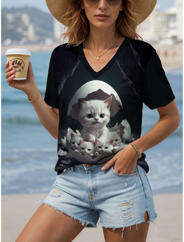 Damen T-Shirt Kawaii Tiergrafik Mode Kurzarm V-Ausschnitt Reguläre Oberteile Täglich bedrucktes T-Shirt Sommer Frühling lässige Oberteile
