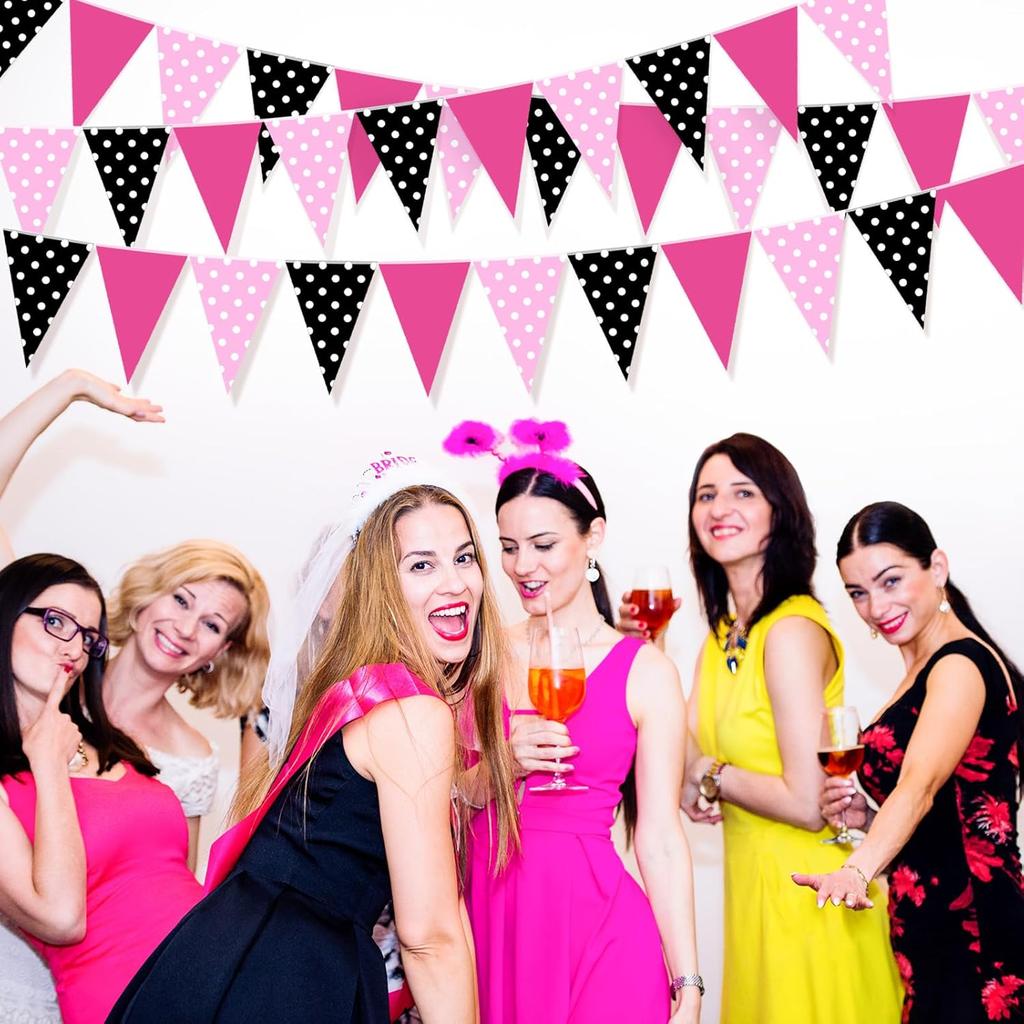 Faccito 60 Pcs Mouse Color Banner Decorations 49 ft Rose Hot Pink and Black Pennant Flag Banner Mouse Theme Paper Triangle Bunting Decor for Outdoor