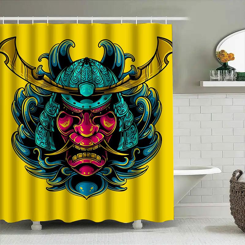 

Tuniu Samurai Mask Shower Curtain Japanese Warrior Art Red Blue Bathroom Decor Unique Design W60H190(CM)-1 Pcs
