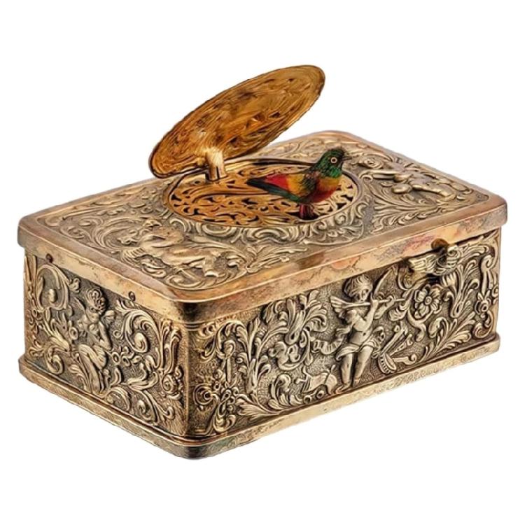 Kolekcjonerska Mechaniczna Pozytywka z Śpiewającym Ptakiem z Wytłaczanymi Motywami Liści 3D Antyczny Stop Nakręcana Dekoracja na Specjalne Wydarzenie