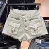 Summer Ladies High Waist Cargo Denim Shorts Frayed Edge Multi Pocket Casual Streetwear Shorts