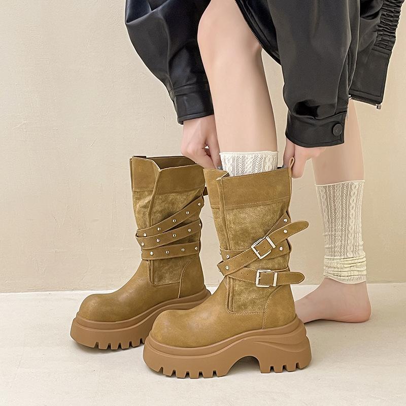 Fashion two-wear platform short boots design belt buckle thick heel round head Martin boots women's autumn and winter retro high-heeled fashion boots