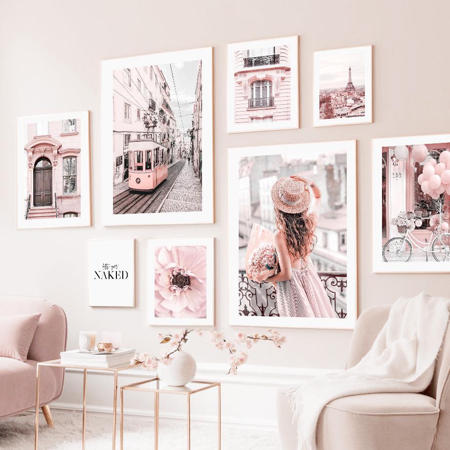 Pink Flower Rose Paris Tower Tram Balloon Wall Art Canvas Painting Nordic Posters And Prints Wall Pictures For Living Room Decor