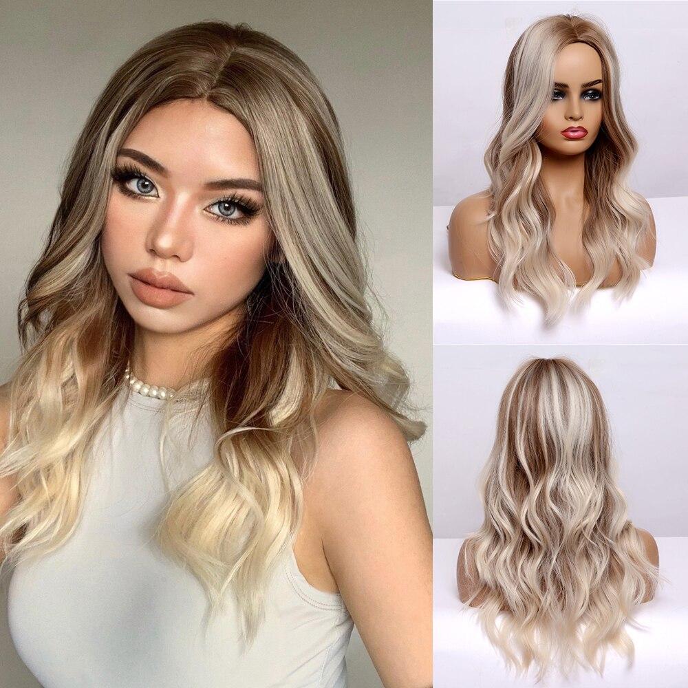ALAN EATON Long Ombre Brown Synthetic Wig Brown Highlight Middle Part Hair Wig for Women Daily Use Natural Heat Resistant Fiber