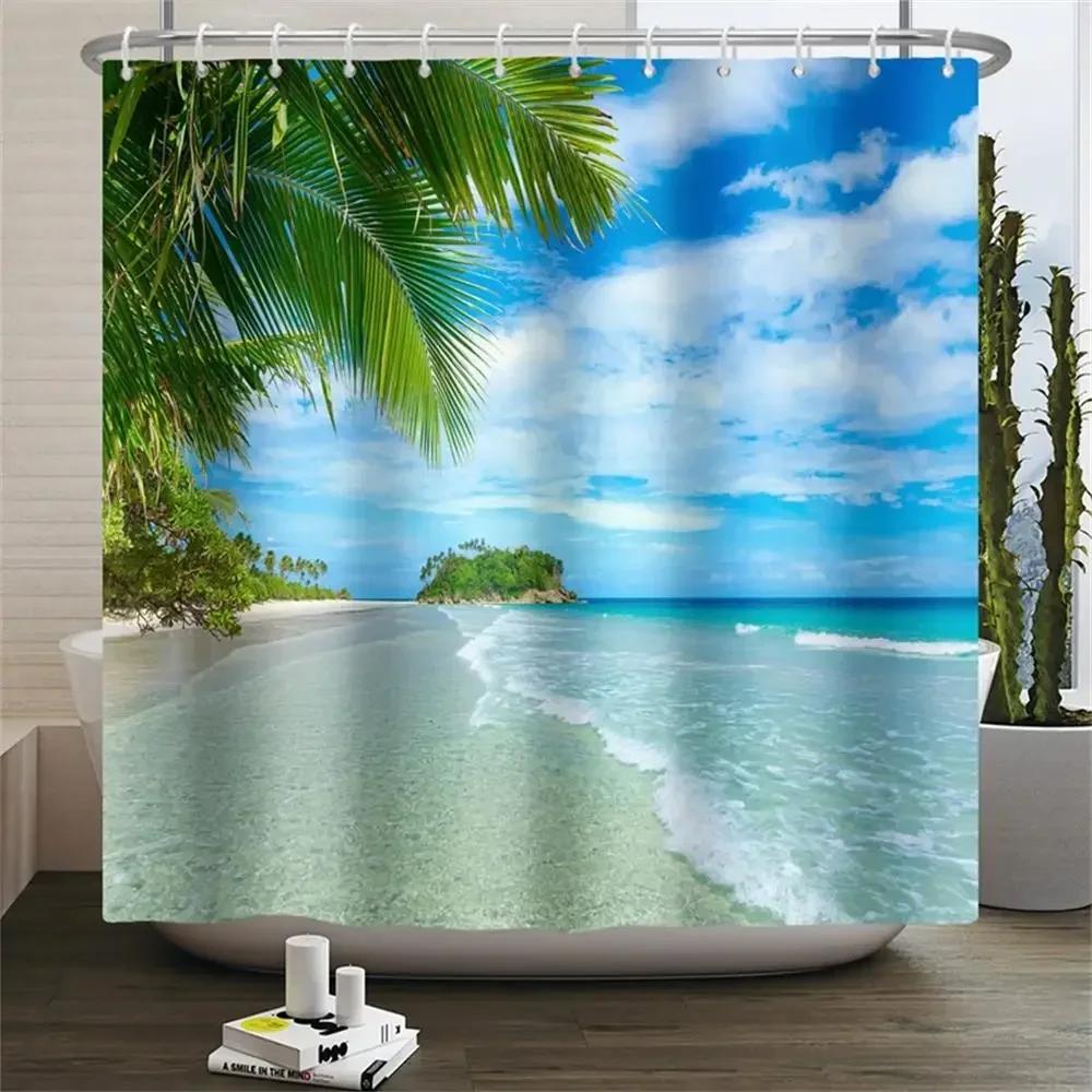 Summer Seaside Shower Curtains Ocean Beach View Coconut Trees Bath Curtain Polyester Fabric Bathroom Restroom Decor With Hooks