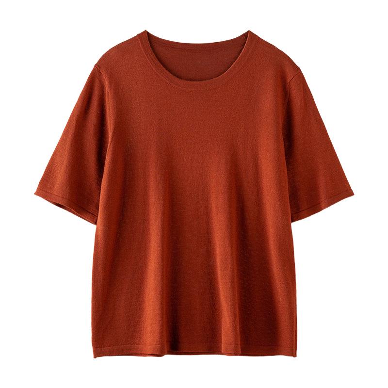 Yangzi 100% Wool Women's Slimming Short Sleeve Knit Shirt - Spring/Summer Round Neck Fashion.