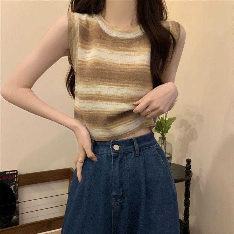 

Женский летний топ с цветным блочным дизайном, милый, пикантный, облегающий, с омолаживающим эффектом, без рукавов, вязаный, в полоску XL