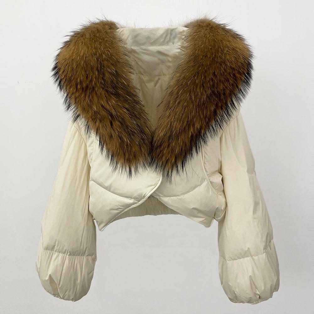 OFTBUY Jachetă de lux îngroșată și caldă de puf, la modă de iarnă, 90% puf de rață alb, haină scurtă pentru femei, cu guler de blană supradimensionat