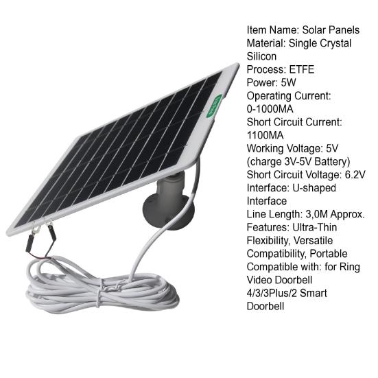 Solar Panels IP65 Waterproof U-Shaped Design 5V/5W Output Solar Charger for Ring Video Doorbell 4/3/3 Plus/2