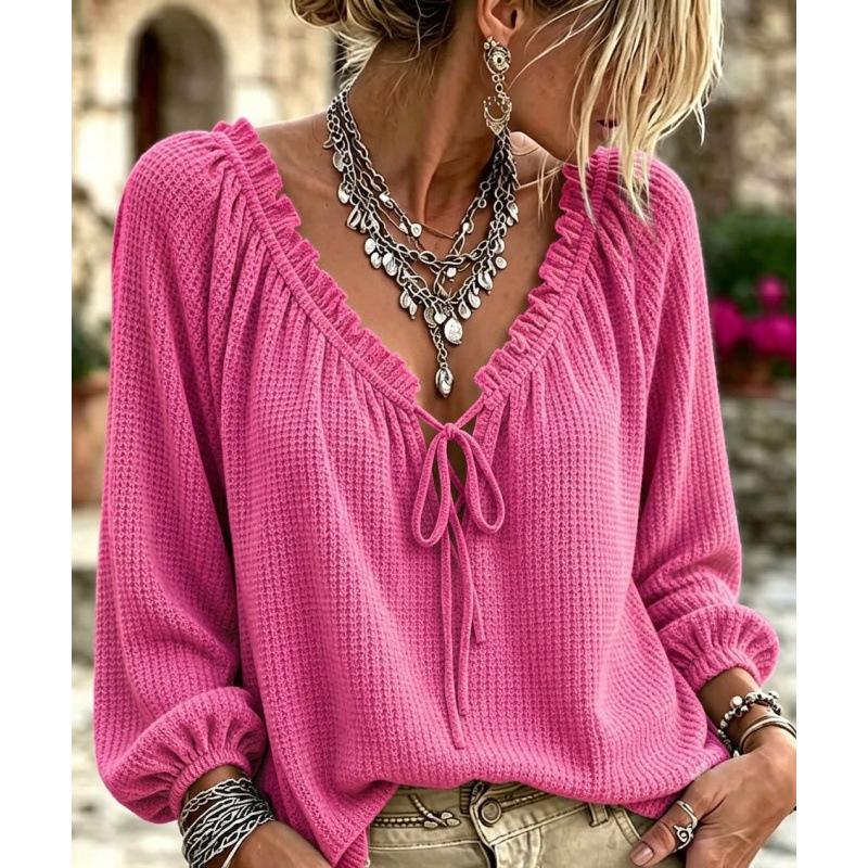 Women S V Neck Drawstring Long Sleeve Waffle Blouse Bohemian Style