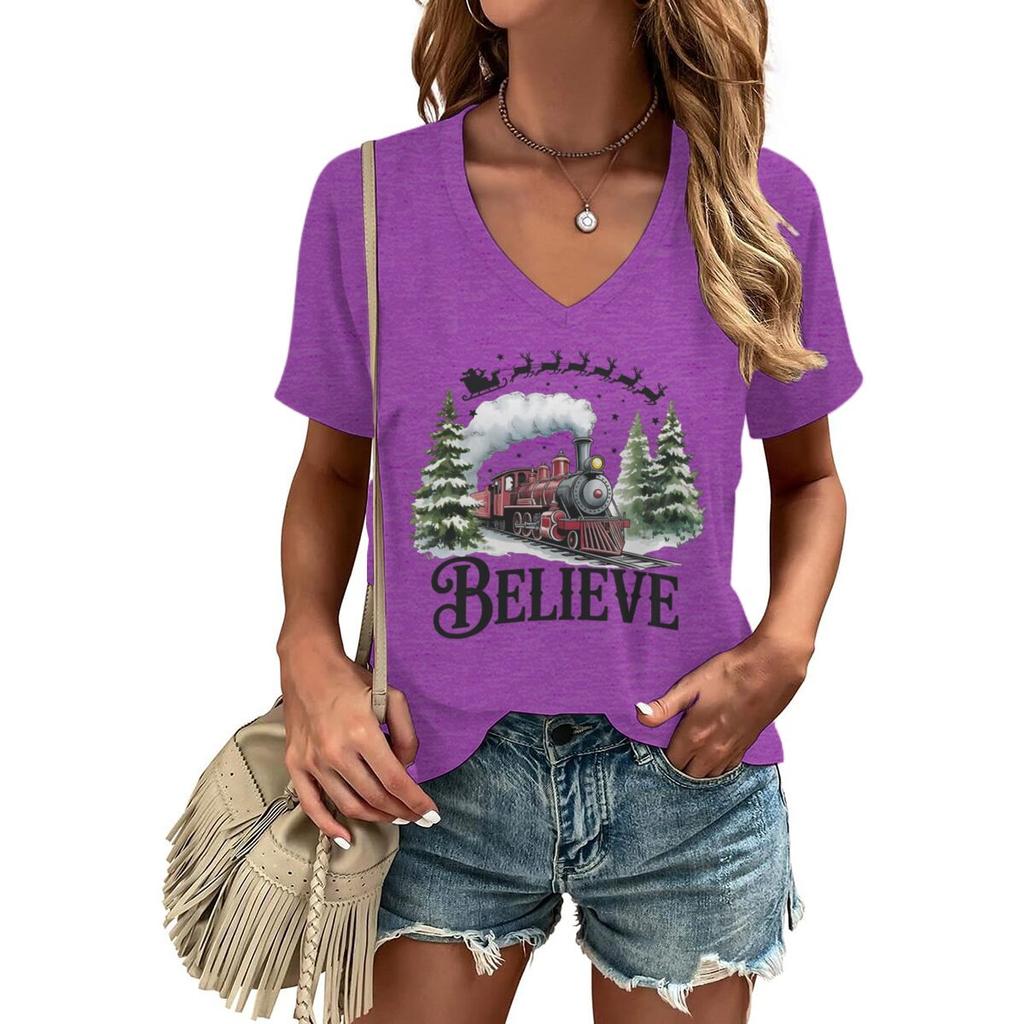 Believe Christmas Train Tops  Tees Vneck Short Sleeve Soft Tee Merry Christmas Tree Graphic T Shirts Women Xmas Gift Clothes
