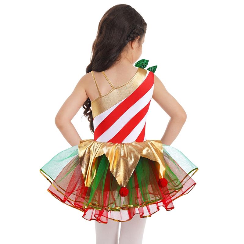 Girls Carnival Cosplay Costume Asymmetrical Shoulder Sleeveless Stripes Print Sequins Adorned Mesh Dress Bodysuit