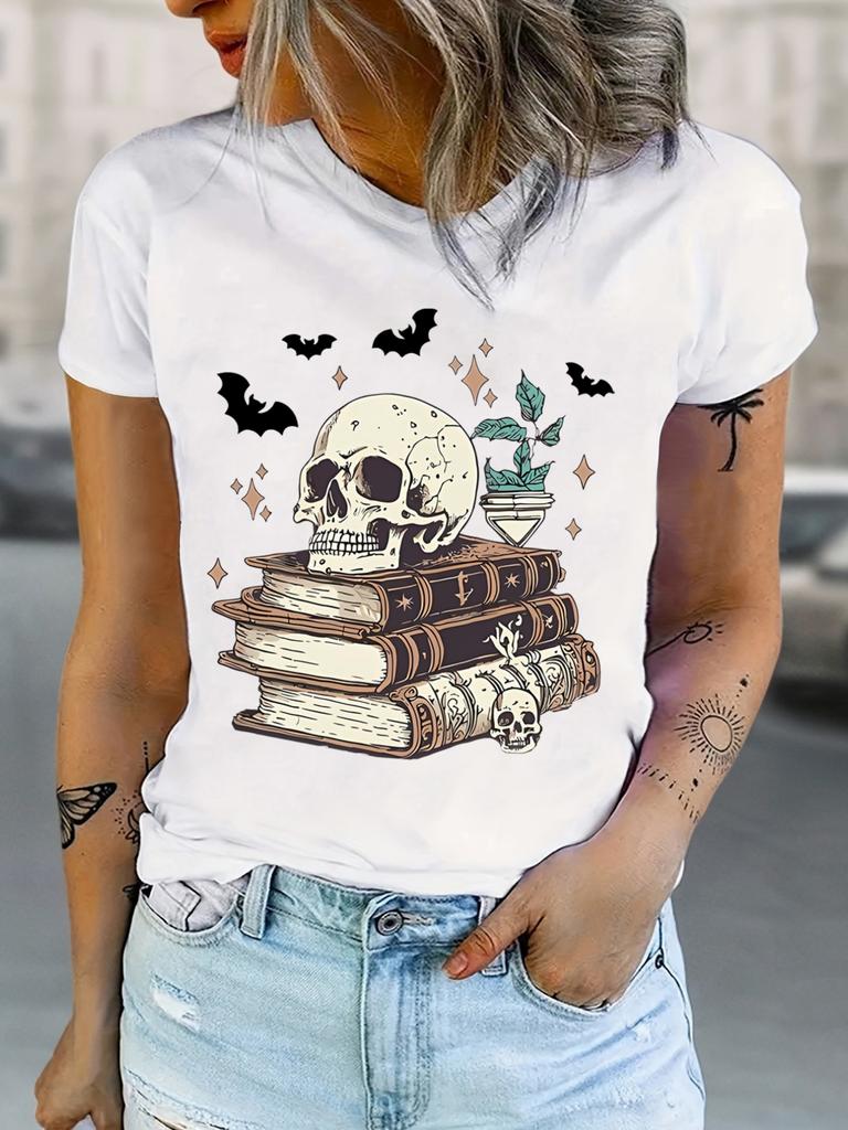 Skull Books Bats Plant Graphic T-shirt