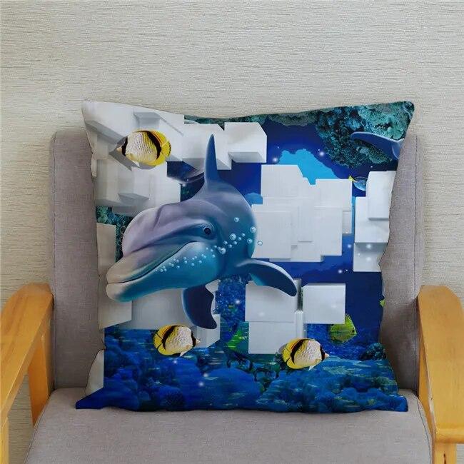 Cushion Cover Ocean Dolphin Pattern Underwater World Print Pillow  Kids Sofa Home Decor