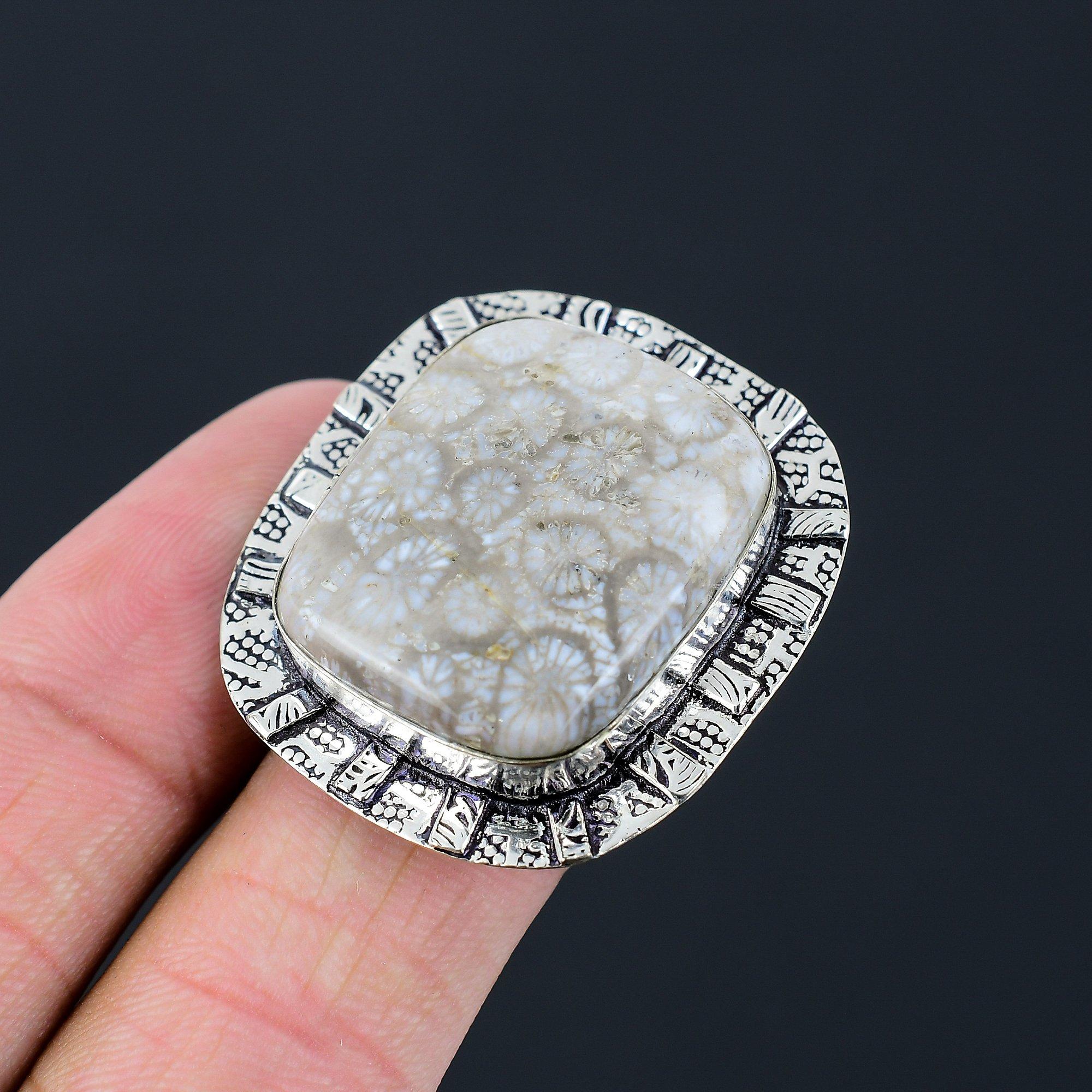 Коренная чакра Ископаемый коралл Драгоценный камень Одиночный камень Кольцо для жены Ювелирные изделия Серебро 925 пробы Размер США 8.5 8.5