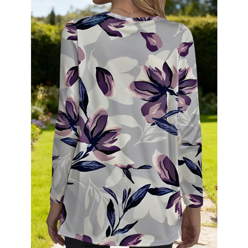 Women's Plus Size Elegant Purple Flower Print Long Sleeve Loose T-Shirt with Pockets for Women