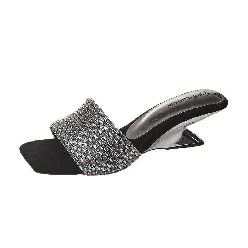 Beautiful One-word Sandals for Women To Wear In Summer, New Rhinestone Temperament with Skirt, High-heeled Cool Slippers