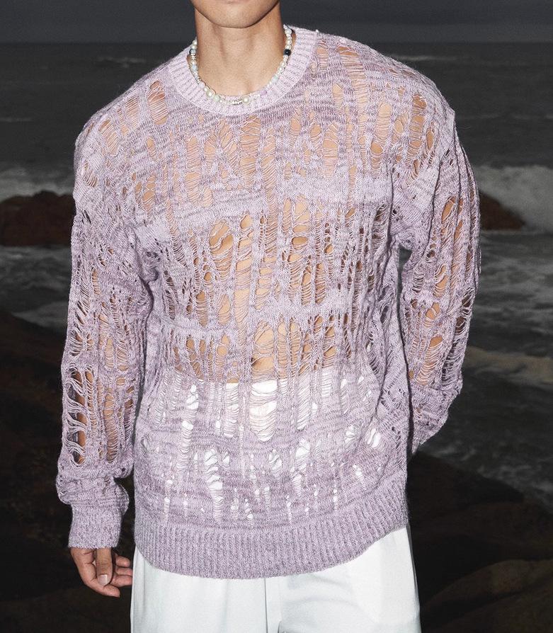 Men's Wabi-Sabi Hollow Knit Tassel Cardigan - Sexy See-through, Loose Long Sleeve Mesh Hoodie