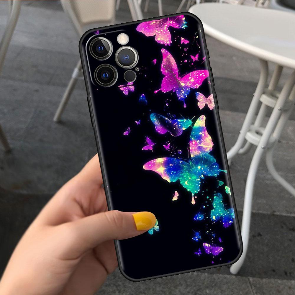 Custodia Per Apple iPhone 14 11 13 7 12 Pro 7 XR XS Max 8 Plus 6 14Pro Nera Morbida Telefono Coque Funda Rosa Bellezza Farfalla