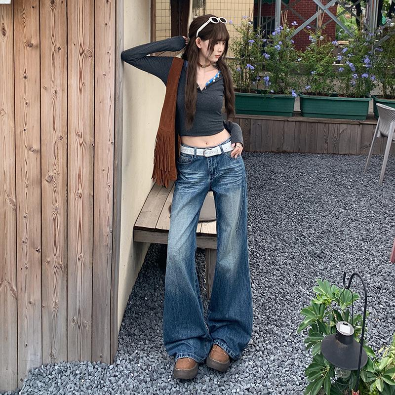 American low-rise micro-flared jeans women's autumn and winter new loose and thin design straight flared pants