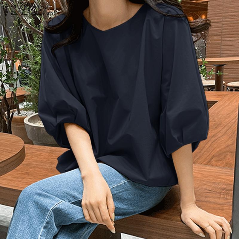 ZANZEA Womens Summer Casual Round Neck 3/4 Sleeve Loose Blouse