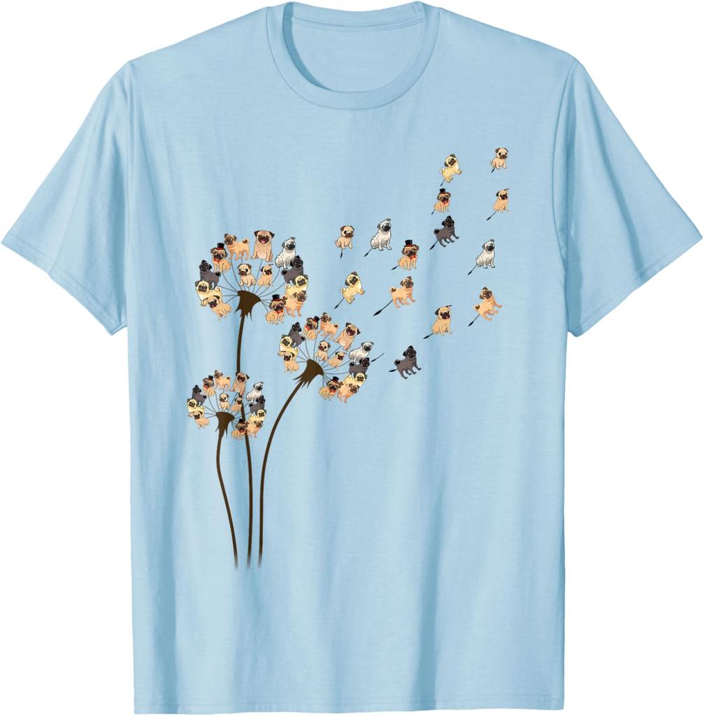 Pug Dandelion Blowing Away Funny Dog Lovers Graphic Tee Casual Cotton TShirt for Men Women