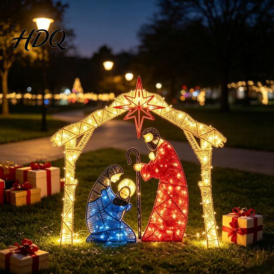 Festive Church Layout Ornament Lighted Nativity Garden Ornament Christmas Metal Yard Art with Glowing Bethlehem Star Statue LED Lights Light-Up