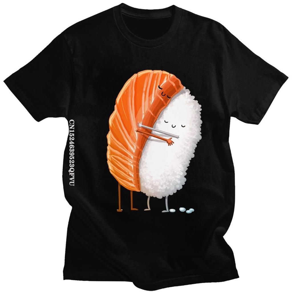 Cute Sushi Hug Tshirts Unisex Pure Cotton Cartoon Japanese Food Tee Streetwear Fashion Top Vintage Novelty Graphic Tshirt