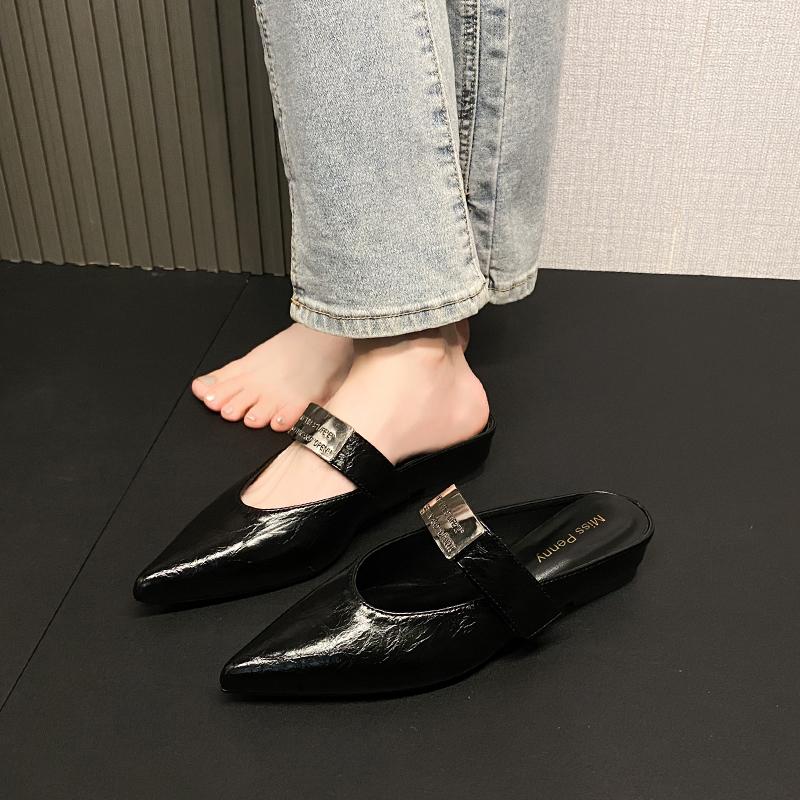 Fashion Spring Autumn 2025 Pointed Toe High Heels Women's French Style Slip-On Strap Shoes Matching Low Rubber Fashionable Slippers