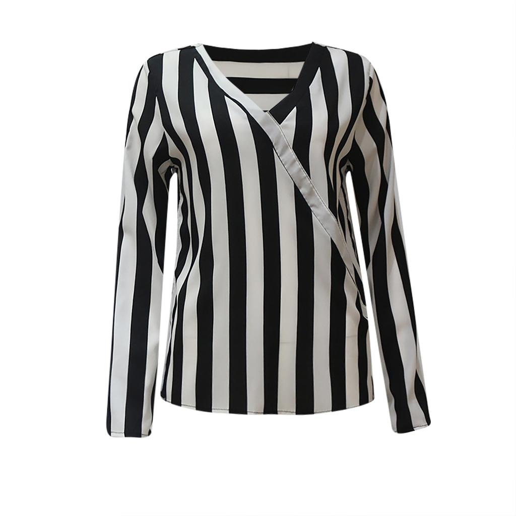 Casual Loose V-neck Striped Chiffon Long-Sleeved Women's Pullover Shirt