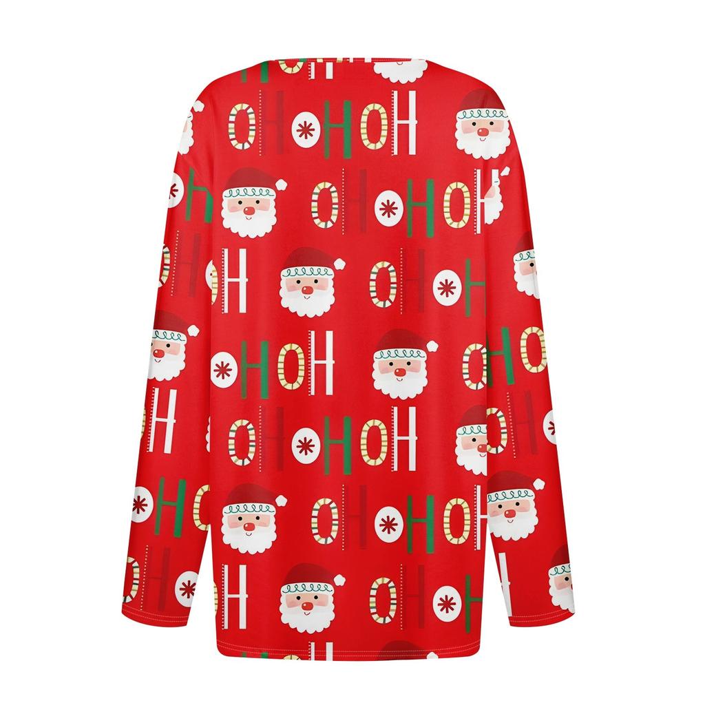 Dámské tričko s vánočním potiskem, knoflíky, dlouhým rukávem, pro každodenní nošení i víkendovou módu, základní střih s výstřihem do V, běžný top