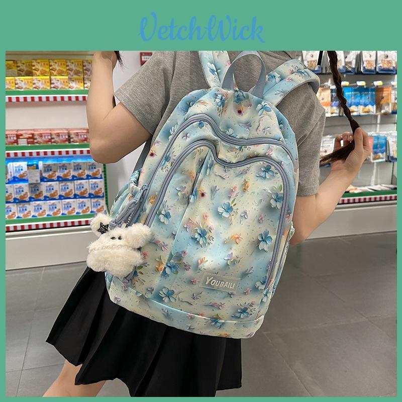 Cute Flower Rabbit Panda Cat Pattern Student Backpack With Pendant For Casual Travel And School Use