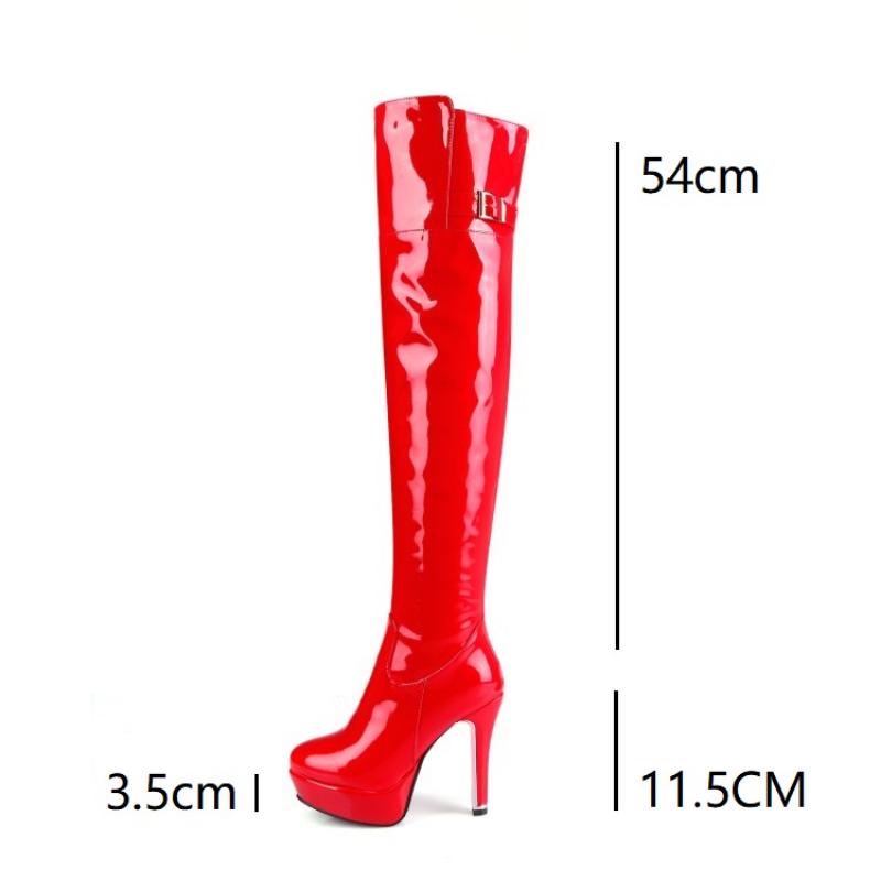 Stivali sopra il ginocchio con tacco super alto da donna sexy, in pelle verniciata, con cerniera rossa, con plateau, lunghi stivali